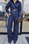 Contrast Stitched Denim Suit with Padded Shoulders - 3