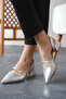 Women's Back Open Single Helmet Short Heeled Shoes Alpha Silver Skin