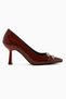 Ania Burgundy Patent Leather Pointed Toe Stone Buckle Detailed Heeled Women's Shoes - 3