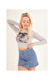 23254245 Ribbed Knit Rose Printed Long Sleeve Blouse Gray