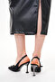 Black Striped Satin 8.5 cm Silver Heels Slingback Buckle Stiletto Heels - 5