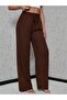 Brown Linen Blended Elastic High Waist Wide Leg Trousers - 3