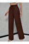 Brown Linen Blended Elastic High Waist Wide Leg Trousers - 2