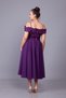 Plum Floral Tulle Detail Off-Shoulder Straps Boat Neck Midi Length Flared Evening Dress - 7