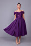 Plum Floral Tulle Detail Off-Shoulder Straps Boat Neck Midi Length Flared Evening Dress