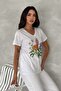 Women's White V-Neck Flower Pattern Sequin Embroidered 100% Cotton T-Shirt - 4