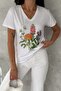 Women's White V-Neck Flower Pattern Sequin Embroidered 100% Cotton T-Shirt - 2