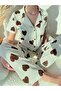 Ecru Brown Heart Patterned Cotton Short Sleeve Shirt Collar Pajama Set - 5