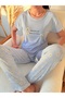 Blue Daisy Patterned Crew Neck Short Pegasus Sleeve Pajama Set - 5