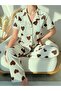 Ecru Brown Heart Patterned Cotton Short Sleeve Shirt Collar Pajama Set