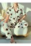 Ecru Brown Heart Patterned Cotton Short Sleeve Shirt Collar Pajama Set - 3