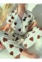 Ecru Brown Heart Patterned Cotton Short Sleeve Shirt Collar Pajama Set - 4