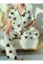 Ecru Brown Heart Patterned Cotton Short Sleeve Shirt Collar Pajama Set - 2