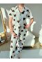 Ecru Brown Heart Patterned Cotton Short Sleeve Shirt Collar Pajama Set - 7