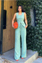 Women's Square Collar Linen Vest Pants Set Green - 2