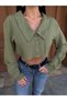 Women's Collar Detailed Sleeve Pleated Crop Shirt Blouse - 3