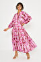 Women's Fuchsia Buttoned Placket Collar Tie Dye Patterned Long Sleeve Long Dress - 2