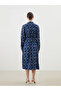 Navy Blue Patterned Linen Blend Women's Shirt Dress - 4