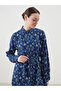 Navy Blue Patterned Linen Blend Women's Shirt Dress - 2