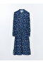Navy Blue Patterned Linen Blend Women's Shirt Dress - 5