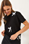 Women's Black Satin Ribbon Accessory Stone Detailed T-Shirt 60602011 - 6