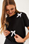 Women's Black Satin Ribbon Accessory Stone Detailed T-Shirt 60602011 - 2