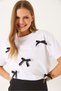 Women's White Satin Ribbon Accessory Stone Detailed T-Shirt 60602011 - 4