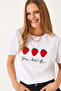 Women's White Embossed Strawberry Accessory Embroidered T-Shirt 60602010 - 2