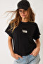 Women's Black Ribbed Stitched Low Sleeve Basic T-Shirt 60602022 - 2