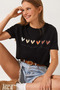 Women's Black Short Sleeve Colorful Heart Printed Basic T-Shirt 60602017