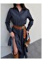 Navy Blue Denim Flared Dress - 4