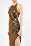 Shiny Bronze Party Dress Asymmetrical Cutout Glop Support - 2