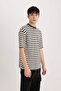 Boxy Fit Crew Neck Striped Short Sleeve Heavy Fabric T-Shirt B5910Ax25Sp - 3