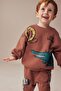 Boy's Brown Animal Patterned Winter 3 Thread Cotton Sweatshirt Tracksuit Top and Bottom Set - 3