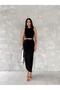 Black Steel Knitted Fabric Belted Long Skirt with Back Slit Detail - 2
