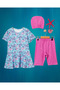 Floral Patterned Valon Skirt Girls' Swimsuit Set of Three - Boned Capris