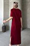 Women's Crew Neck Side Slit Detailed Midi Length Comfortable Fit Short Sleeve Dress - 6