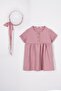 Crew Neck Buttoned Hat Accessory Dusty Rose Color Girls Linen Dress
