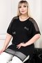 Round Neck Short Sleeve Shoulder and Hem Tulle Cat Stone Printed Side Slit Draped Comfortable Blouse - 4