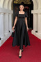Satin Fabric Square Neck Balloon Sleeve Midi Dress - Black