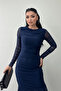 Tulle Fabric Drawstring Detailed Pencil Dress - Dark Blue - 3