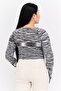 Women Tie Neck Long Sleeve Space Dye Crop Top, Grey - 3