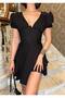 Women S Stylish Mini Dress with Black Corset - V-Neck Short Sleeve Invitation Dress - 4
