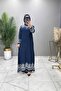 Berfü Dress Imported Viscose Fabric Women's Navy Blue Patterned Hijab Dress with Elastic Sleeves