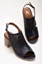 Women's Genuine Leather Summer Laser Heeled Sandals Navy Blue - 3