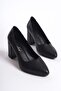 Women's Genuine Leather Classic Thick Heeled Shoes Black - 2
