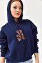 Embroidered Hooded Three Thread Sweatshirt Navy Blue - 3