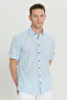 Men's Light Blue Comfort Fit Relaxed Cut Hidden Button Collar Linen Look 100% Cotton Flared Shirt - 5