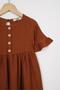 Crew Neck Short Sleeve Ruffle Button Brown Color Girl's Dress - 2