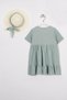 Mint Color Girl's Dress with Button Detail and Ruffled Hat - 3